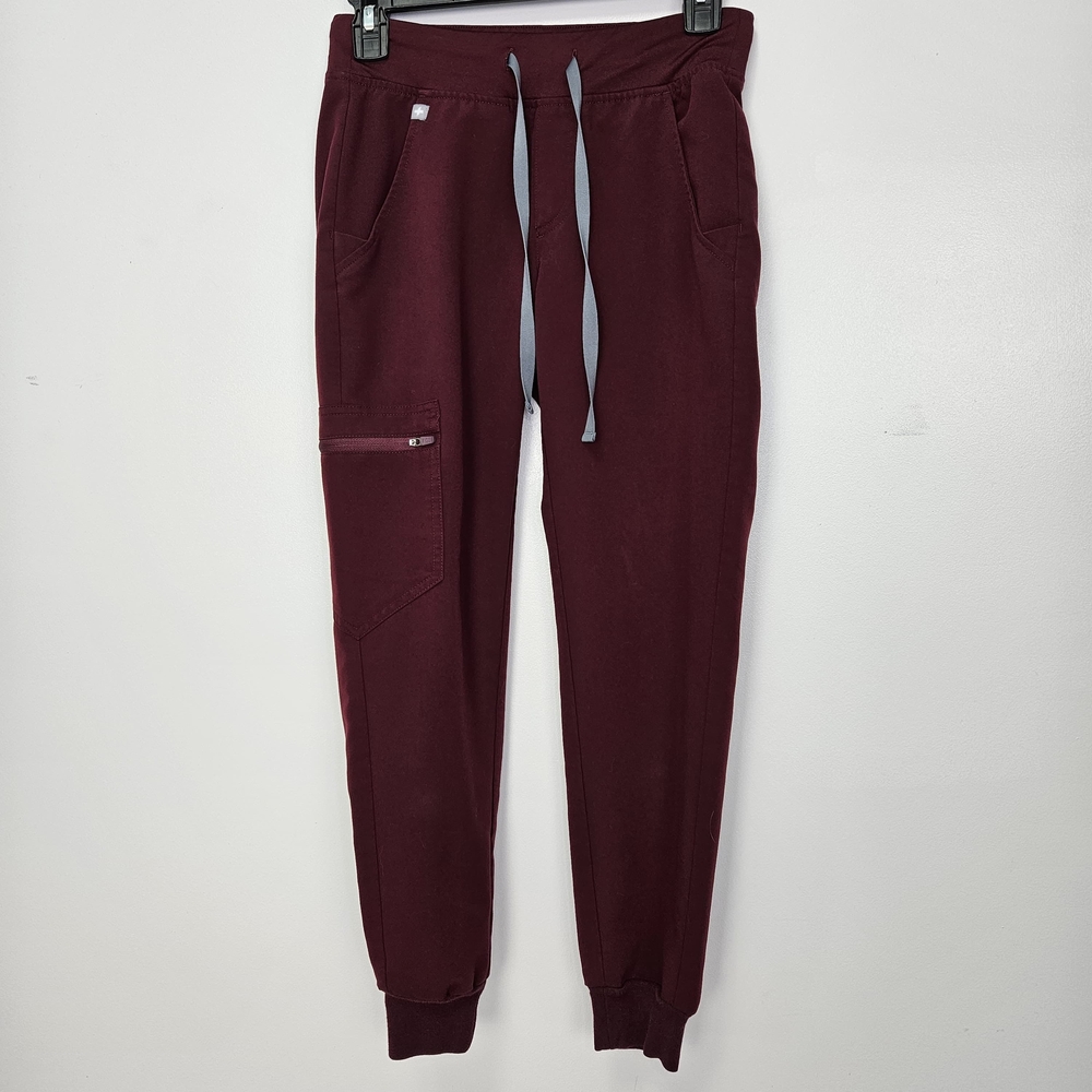 Figs Burgundy Jogger Pants with Gray Drawstrings